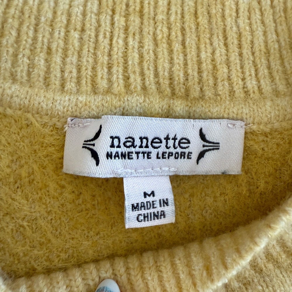 Nanette Lepore Floral Knit Crewneck Sweater Yellow Pearl Accent Medium - Picture 3 of 7